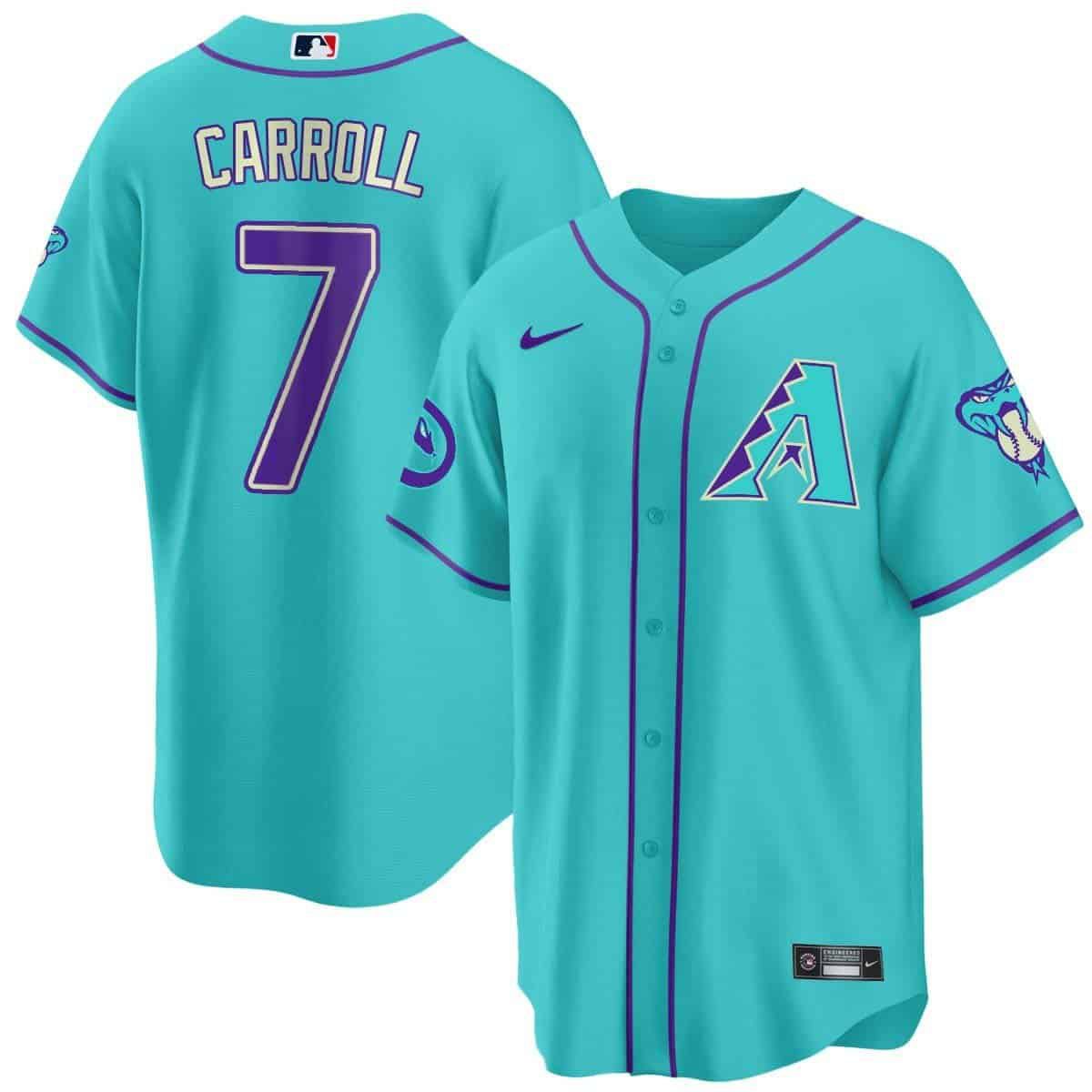 Men Arizona Diamondback #7 Carroll Light Blue Nike 2024 Teal Purple MLB Jersey style 2